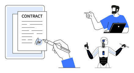 Businessman using laptop points while robot interacts with tools, and a digital hand signs a contract on tablet. Ideal for AI integration, futuristic technology, digital contracts, business