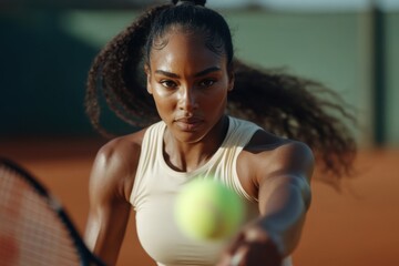 Focused female tennis player in action