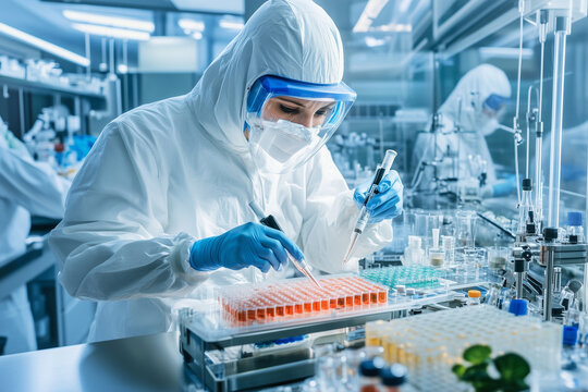 A woman in a lab coat is working with a machine that has a red button