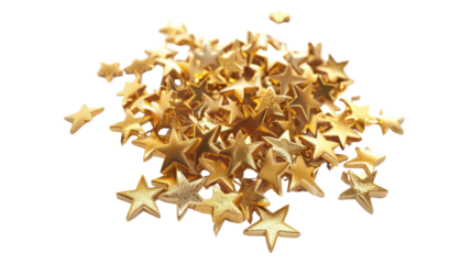 Pile of golden stars falling on transparent background