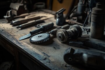 Dusty workbench with various woodworking tools and equipment.