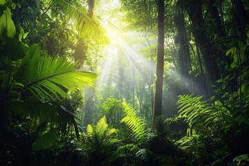 Obraz premium Sunlight streaming through lush green tropical rainforest foliage