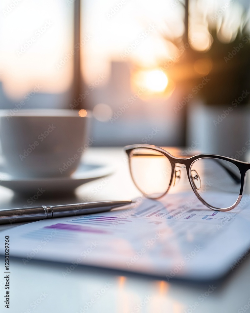 Fototapete scandi-modern workspace with tech gadget and graphs eco-friendly project analytics for business effi