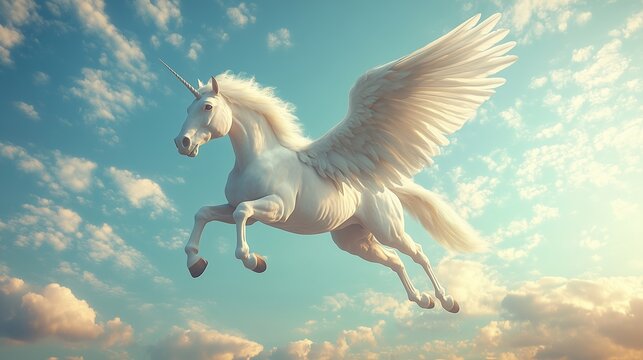 Fantasy winged unicorn in flight against a blue sky with clouds