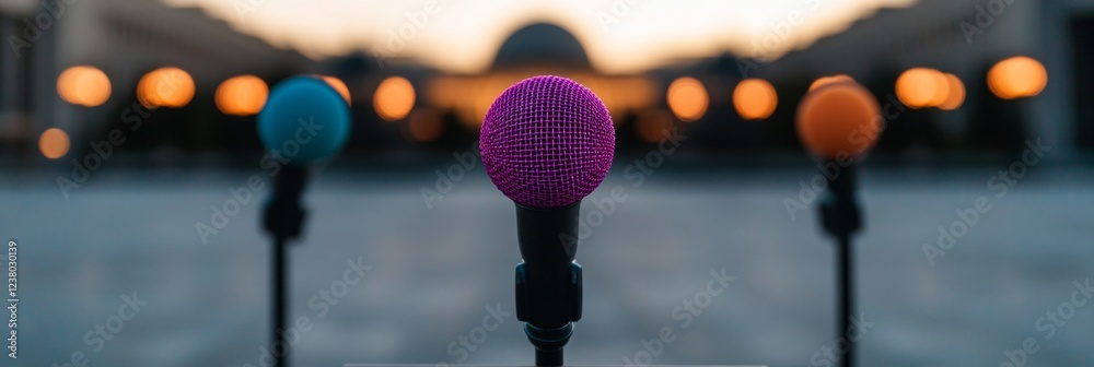 Aufkleber color-pop conference setup modern microphone display on urban evening backdrop effective media strat