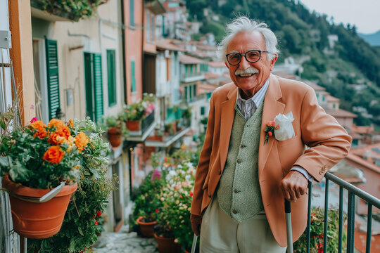 An older man in a suit and vest stands on a balcony with a cane