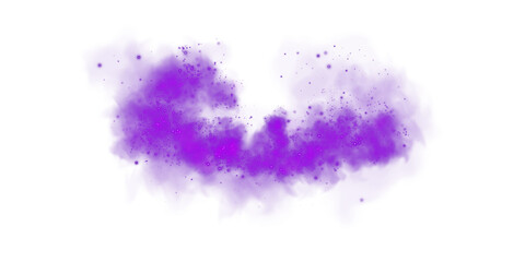 Fantastic purple smoke background. Purple spice powder explosion, spice splash, Magic smoke with glitter and small particles, fog with glowing particles, purple steam. PNG.