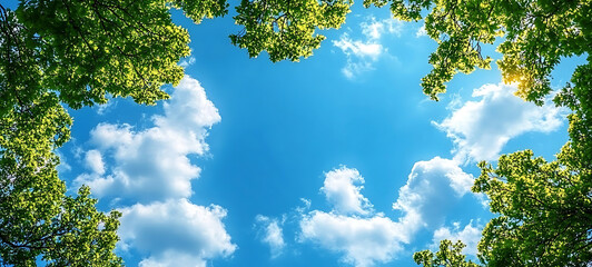 Fototapeta premium Empty blue sky, fluffy clouds in the foreground and green tree branches. high resolution AI Generative image