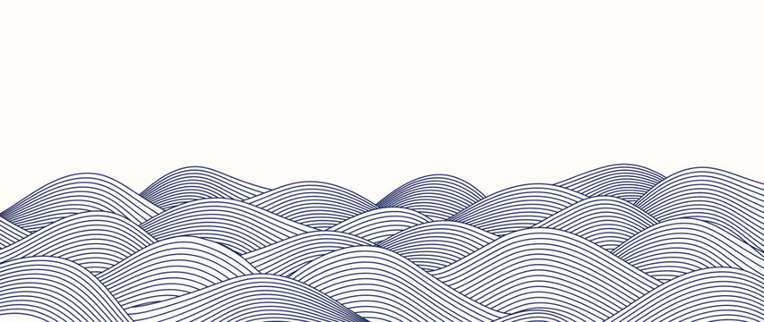 Japanese blue wave background vector. Wallpaper design with blue and white ocean wave pattern backdrop. Modern luxury oriental illustration for cover, banner, website, decor, border.