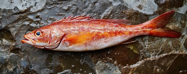 A red fish lies on a wet, textured rock surface.