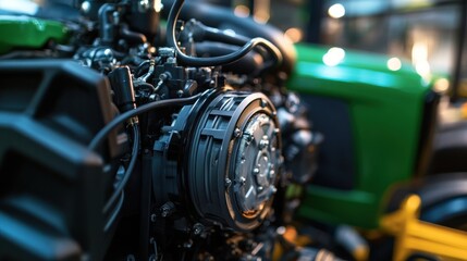 Obraz premium Close-up view of a tractor engine showcasing intricate mechanical components.