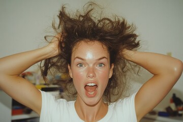 Contemporary Chaos Chic Modern White Woman in Cluttered Vanity Brushing Teeth Everyday Oral Care and Self-Care Marketing for Wellness and Urban Lifestyle