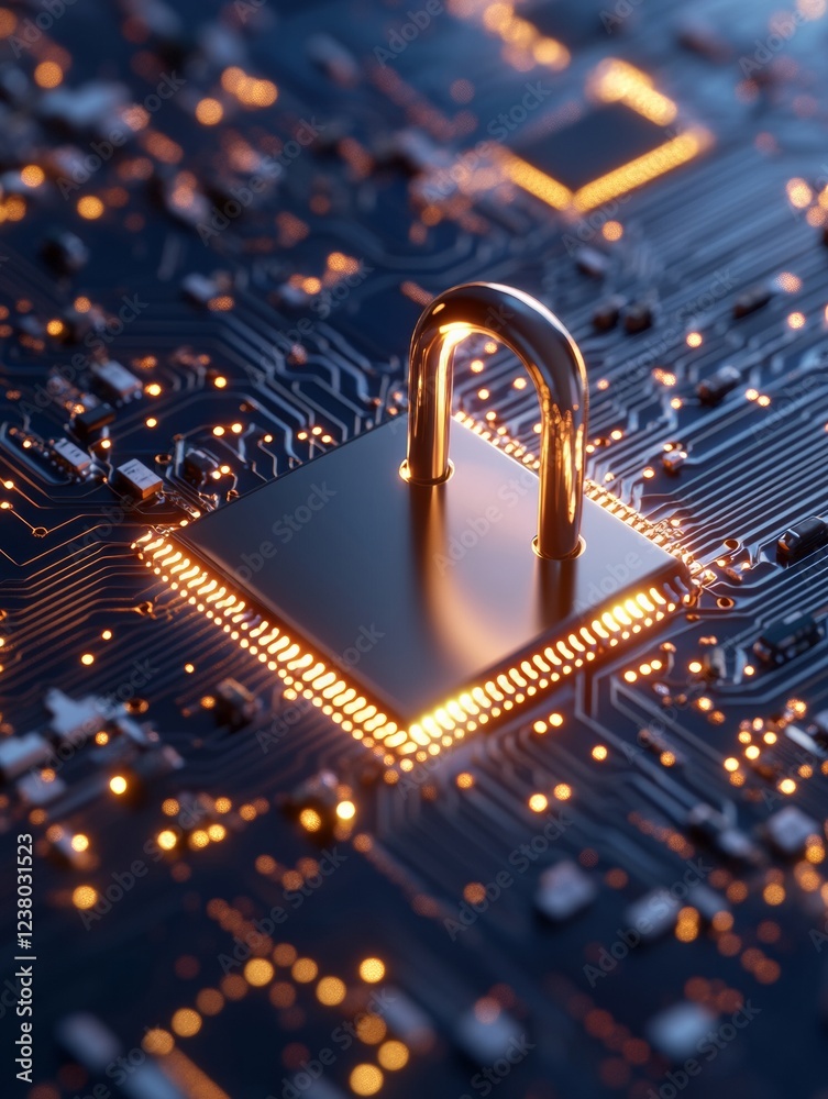 Poster Cyber Aesthetic Circuitry Metallic Network Security Lock on Circuit Board - Advanced Digital Protection and Tech Visualization for Modern Infrastructure Defense Solutions