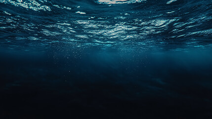 Obraz premium A dark blue ocean surface viewed from below the water.