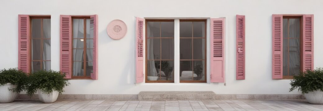 Minimalist white exterior with pink window frames and brown shutters, exterior design, modern, urban