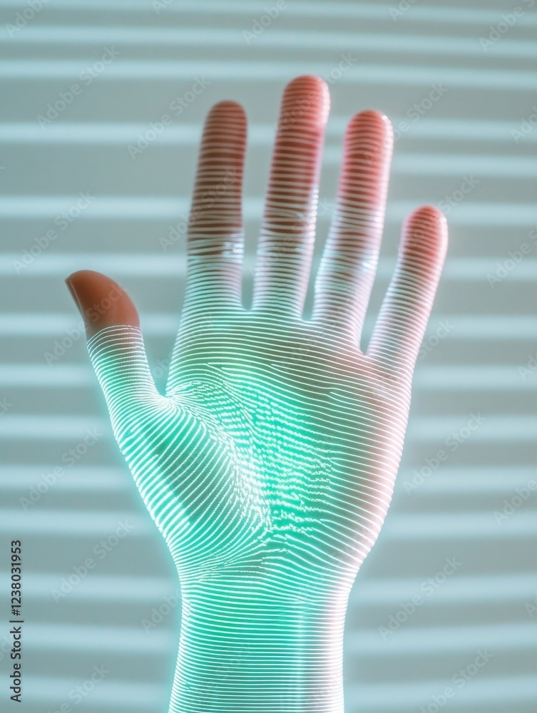 Poster futuristic sci-fi touch iridescent alien hand in neon lit holographic interior - cutting-edge tech d