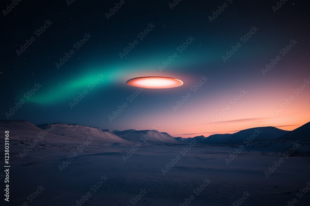 Poster Mystical Sci-Fi Spacescape Futuristic Spaceship Over Snowy Mountains with Ethereal Light Effects - Immersive Visuals for Tech Marketing and Entertainment Design