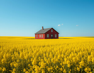 field of rapeseed with barn