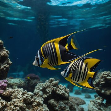 Tropical Fish in a Coral Reef moorish idol fish in the water Vibrant Tropical Fish in a Coral Reef An angel fish swimming beautifully Buzos explorando un arrecife de coral, rodeados de peces coloridos