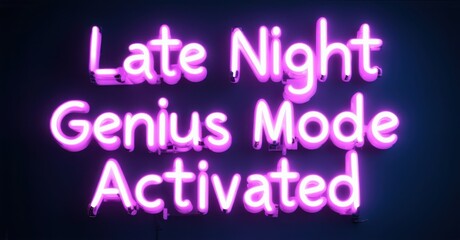Glowing neon letters spelling Late Night Genius Mode Activated with a vibrant glow set against a dark background creating a bold high-contrast ambiance with a futuristic feel