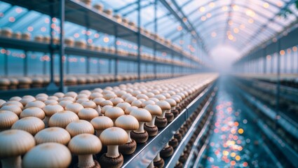 Obraz premium Rows of mushrooms grow in a spacious greenhouse under soft, diffused light