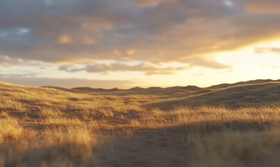 Fototapeta premium Golden grassland under a cloudy sky during serene sunset glow.