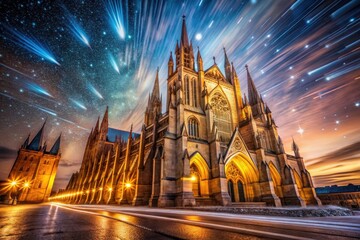 Obraz premium Mystical night scene: a long exposure reveals a star-studded sky above an illuminated gothic cathedral.
