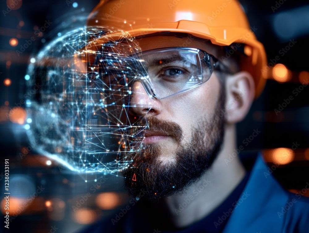 Leinwandbilder futuristic industrial tech male engineer analyzing digital hologram with safety gear and network vis