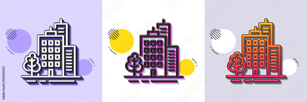 Wall mural buildings line icon. halftone dotted pattern. gradient icon with grain shadow. city architecture wit