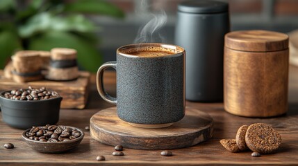 A Warm Cup of Coffee Surrounded by Aromatic Beans and Tasty Cookies, Capturing the Cozy Atmosphere of a Rustic Cafe Setting