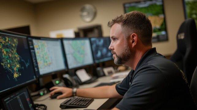 Focused Professional Analyzing Data on Multi-Screen Setup in Office - Powered by Adobe