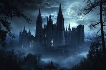 Gothic castle at night with full moon in mysterious forest setting