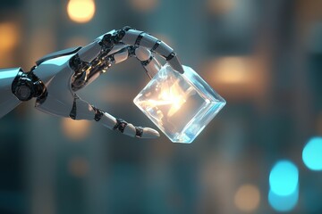 Futuristic robotic hand holding luminous cube with bokeh background