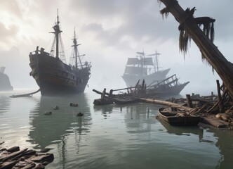 Fototapeta premium Misty morning with old shipwreck in Malacca Harbour, boat, harbor