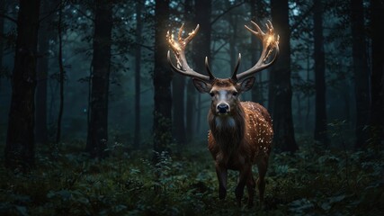 Majestic deer with glowing antlers stands in a misty forest at twilight