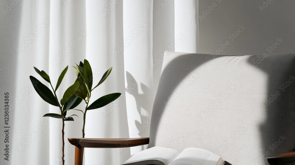 Poster mindful retreat linen recliner with open book and natural light - biophilic home decor and tranquili