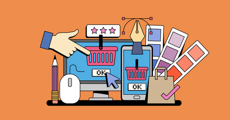 E-commerce design features digital tools, shopping cart, and hand icon, embodying modern aesthetics. Neubrutalism hands concept