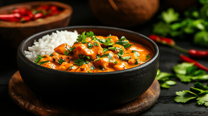 Brazilian Moqueca de Peixe fish stew, garnished with cilantro and coconut milk, served with rice in a coastal family kitchen, South American seafood dishes, tropical richness