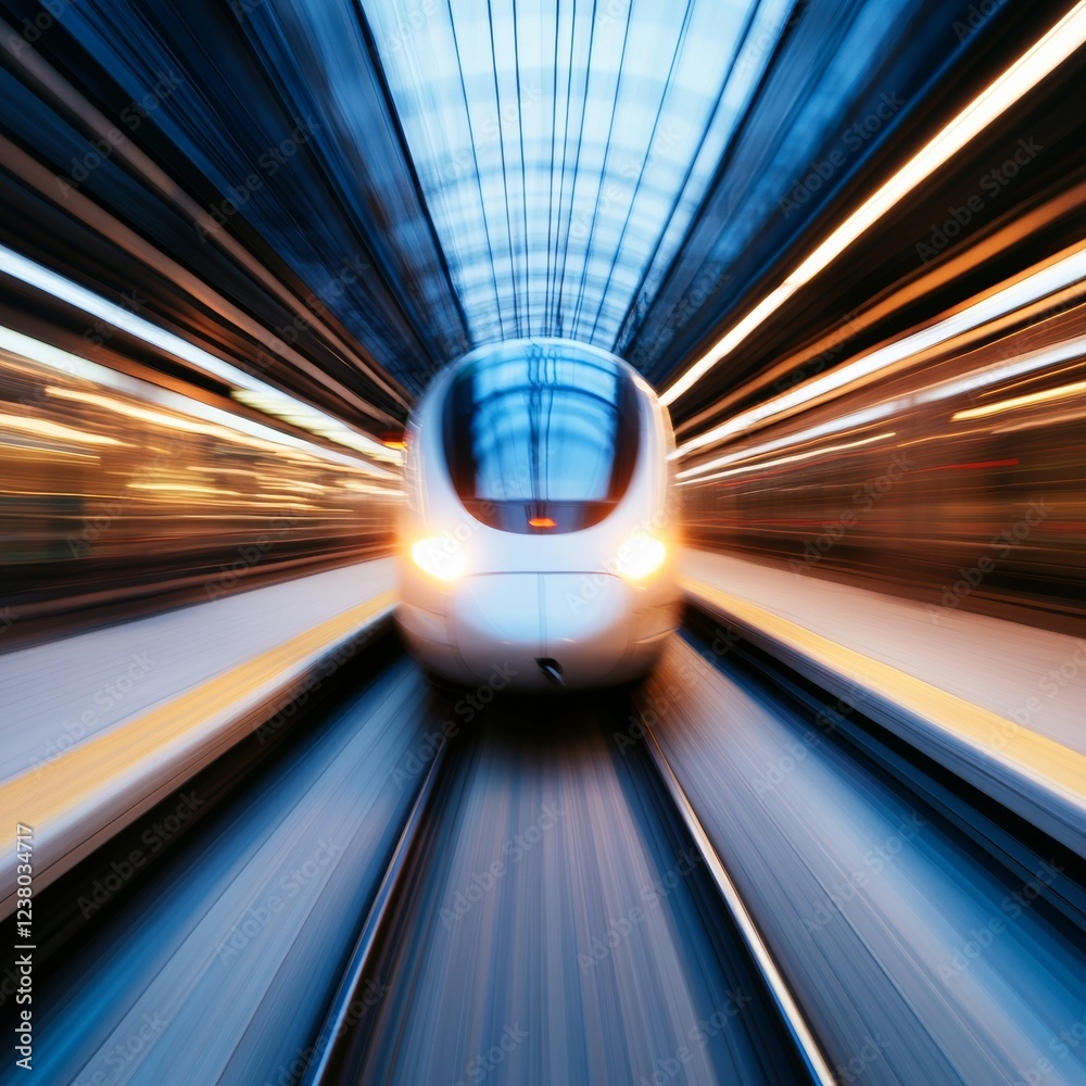 Poster futuristic high-speed train in motion blur streamlined design on tracks - modern transit efficiency 