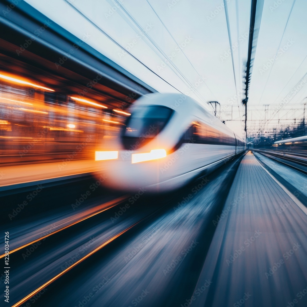 Poster contemporary high-speed train design sleek locomotive with motion blur on railway tracks - transport
