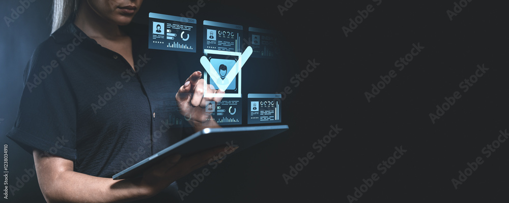 Poster digital interface with check mark displayed on a glowing virtual
