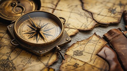 Antique compass on vintage maps showcases adventure and navigation tools
