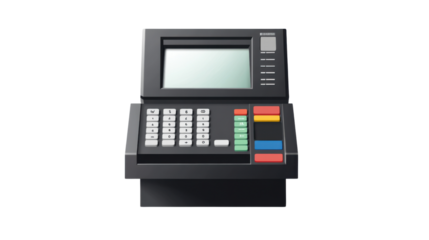 Modern cash register machine with empty screen on transparent background