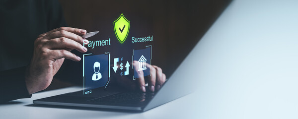 Secure online payment process displayed on a futuristic digital screen interface with icons, a...