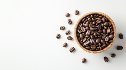 Aromatic closeup of roasted coffee beans in brown bean bowl cozy kitchen high-quality image inviting atmosphere