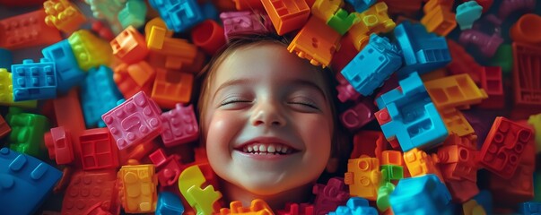 happy child's face surrounded by colorful toys and building blocks