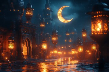 Obraz premium An enchanting night scene of a lit up street with lanterns and a crescent moon in an Arabian setting