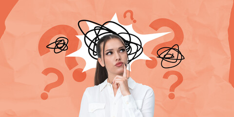 Woman in confusion with scribbles and question marks on orange b