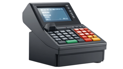 Electronic cash register showing display screen and numeric keypad on transparent background