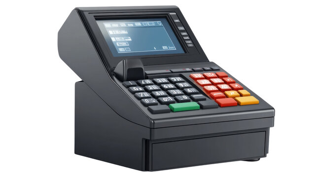 Electronic cash register showing display screen and numeric keypad on transparent background